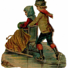 Wanha - Tyttö istuu kelkassa poika luistelee - 1800-l loppu - pikkukuva 1