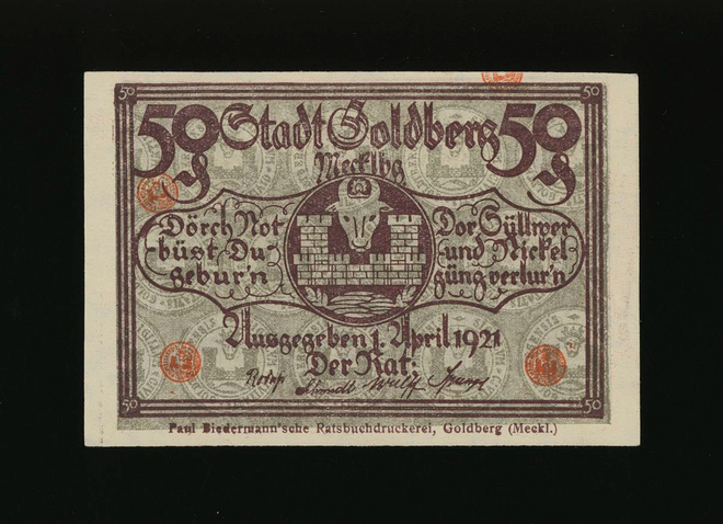 Saksa Notgeld 50 Pfennig, Goldberg 1921