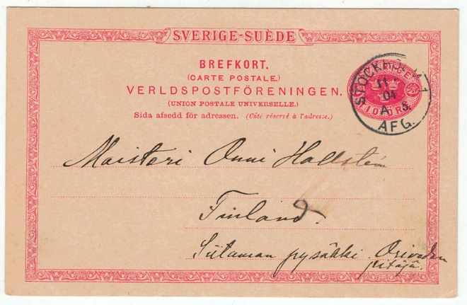 Ruotsi 1904 ehiökortti Suomeen