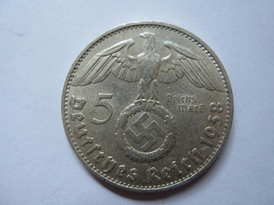 Natsi-Saksa 5 Reichsmark 1938 D Hindenburg hopeaa