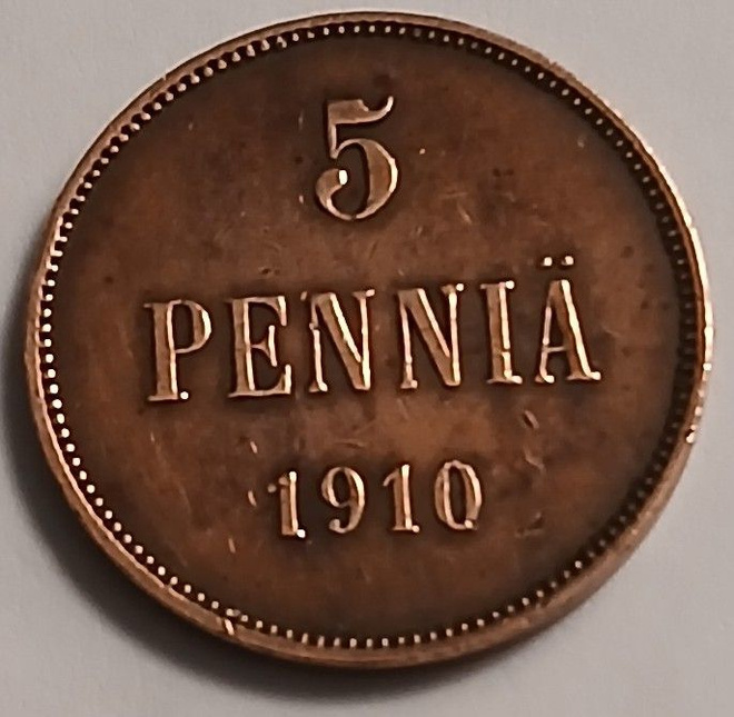 Nikolai II, kupari 5 penniä vuodelta 1910.