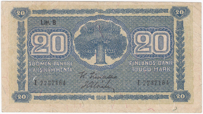 20 Markkaa 1945 Litt.B I-sarjaa, kl.4