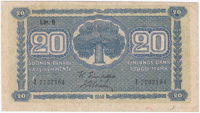 20 Markkaa 1945 Litt.B I-sarjaa, kl.4