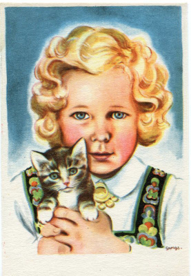 Lapsi - Tyttö ja kissa - Kortti 1940-50-luvulta