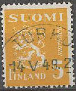 1946 leijona 5 mk keltainen kaunis TURKU -49