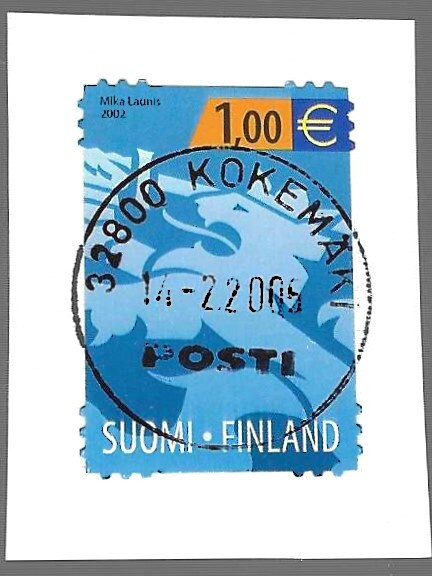 2002 1,00 EUROA SUOMEN LEIJONA KOKEMÄKI 14.2.2005 LEIMA LEIK