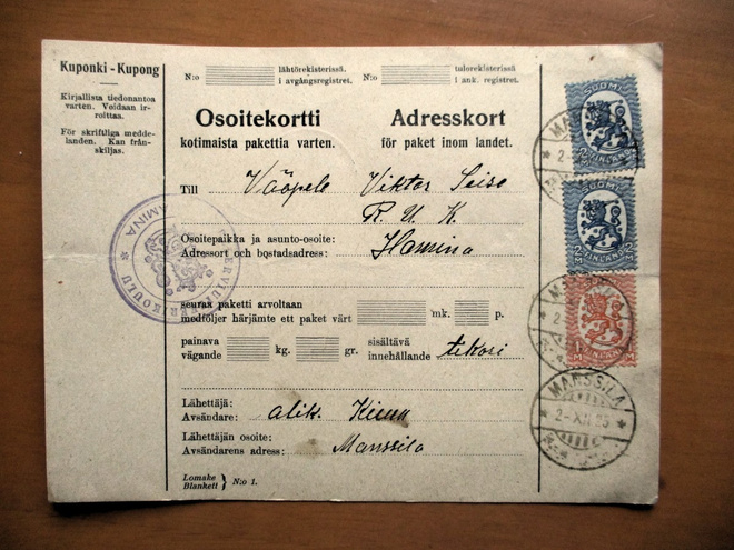 1925 Manssila (Salmi) osoitekortti Haminan RUK:een