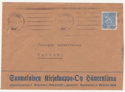 Hämeenlinna firmakuori Suomalainen kirjakauppa 1956