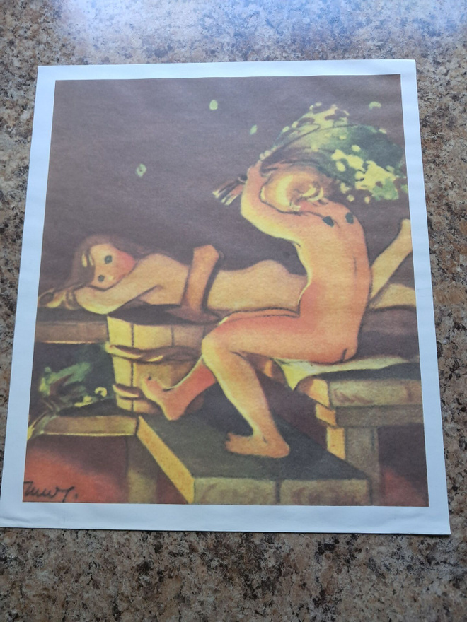 Wendelinin kuvittama klassikkosauna-juliste kehyksissä.