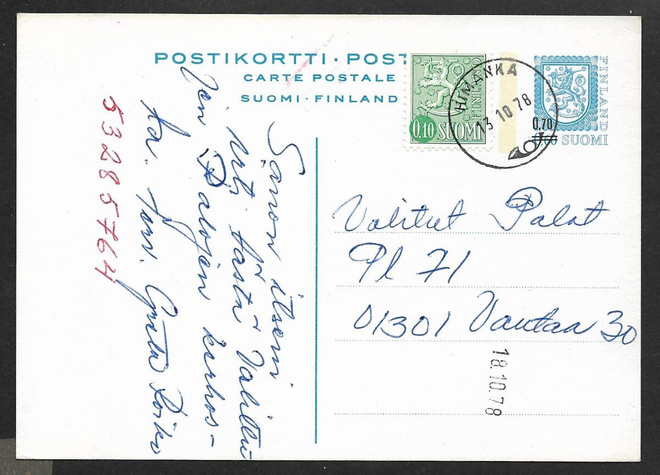 Postilähetys - Ehiö 0,70/0,60mk (LAPE 134) Himanka 13.10.78