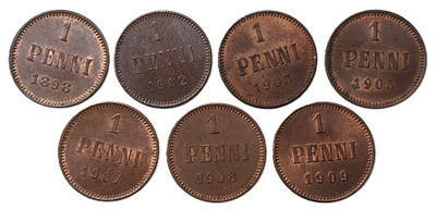 1 Penni 7 kpl. 1898-1909 Hyväkuntoinen erää!