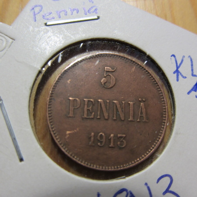 5 Penniä 1913 mahd. kl 6