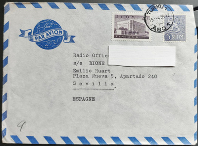 Lentokirje Turku 1959 - Sevilla, Eduskuntatalo -merkillä