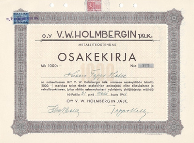 OKK 1941 V.W.Holmbergin Jälk Oy, Helsinki mlk osakekirja