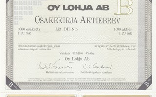 OKK 1989 Lohja Oy spec, Virkkala pörssi osakekirja