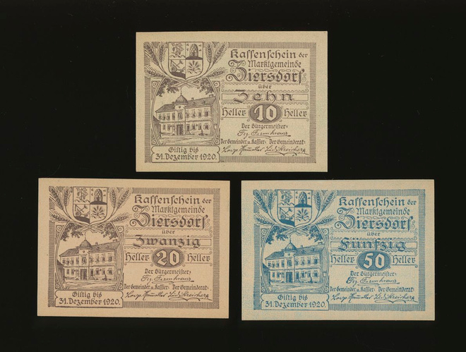 Itävalta Notgeld 10, 20, 50 Heller, Ziersdorf 1920