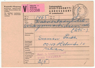 1974 POSTIASIAPAKETIN osoitekortti