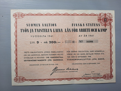 Sotaobligaatio, Työn ja Taistelun laina v-41 200mk