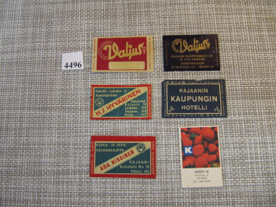 Tulitikkuetikettejä 6 kpl. Mm. Valjus oy.