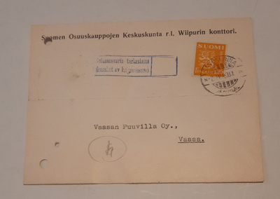 Firmakortti, sensuuri Viipurin konttori SOK 1940