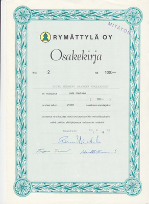 OKK 1983 Rymättylä Oy, Naantali osakekirja numero 002 saha