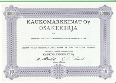 OKK 1982 Kaukomarkkinat Oy spec, Espoo osakekirja