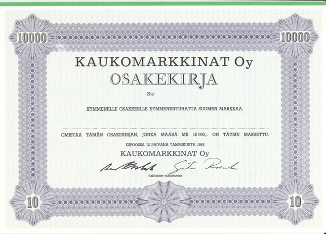OKK 1982 Kaukomarkkinat Oy spec, Espoo osakekirja