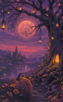 Halloween taivas punertaa, lyhdyt roikkuvat puussa