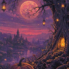 Halloween taivas punertaa, lyhdyt roikkuvat puussa - pikkukuva 1