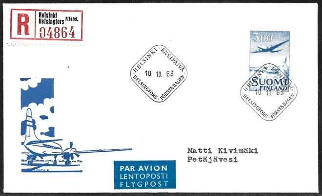 FDC 1963 Yleismerkki Lentokone 3 mk  LaPe 577