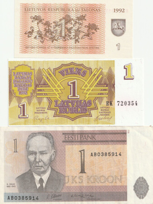 Eesti 1 kruunu, Latvia 1 Ruplis, Liettua 1 Talonas.