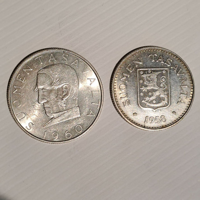 1000 Markkaa 1960 Hopea ja 200 Markkaa 1958 Hopea
