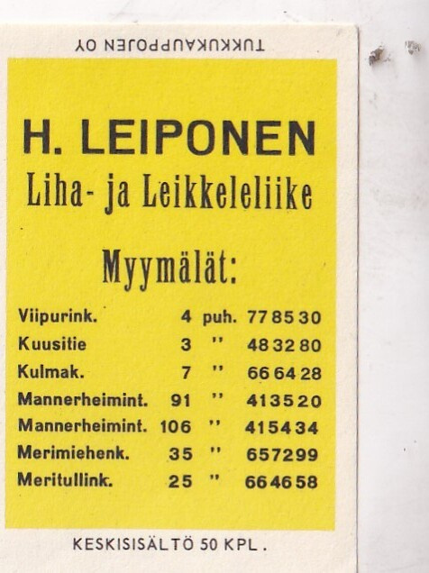 Helsinki, H. Leiponen, Liha. ja Leikkeleliike  . s54