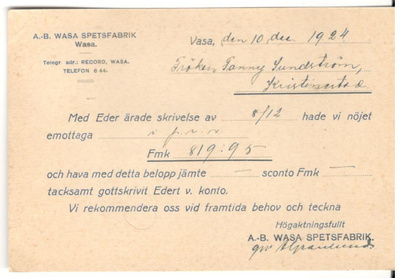 Vaasa,  v. 1924  firmakorttii kotiseutukeräilijälle