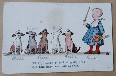 Signe Aspelin: Tyttö ja koirien laulukuoro onnittelevat 1910