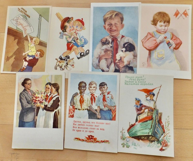 7 VANHAA CCCP Propaganda Postikorttia Lapset Pioneerit 1950-
