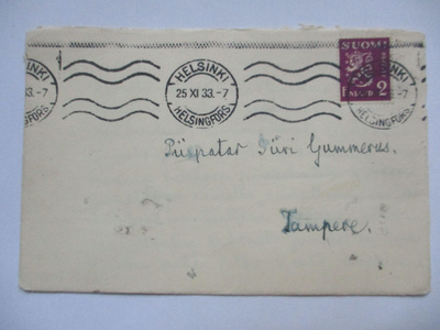 1933 Hki piispatar Gummerukselle surunvalittelukirje