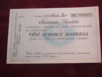 Viisi Suomen markkaa. Shekki. Suomen Pankki. 1918