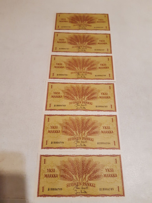 1 mk setelit sileitä peräkkäiset numerot 6kpl