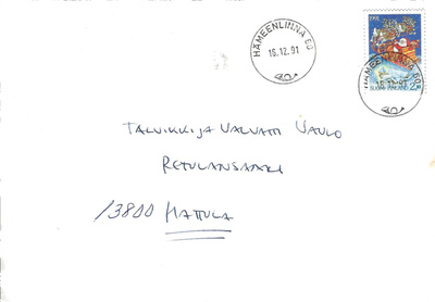 HÄMEENLINNA 60 16.12.91 LEIMA KUORI JOULUMERKILLÄ 2,10 MK HY