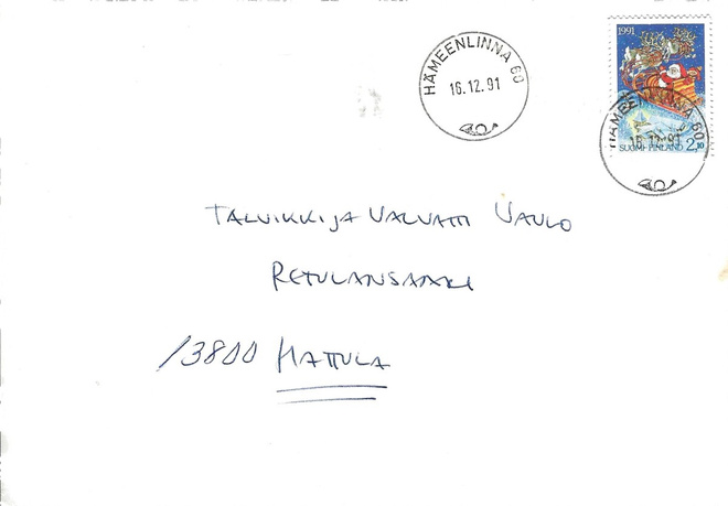 HÄMEENLINNA 60 16.12.91 LEIMA KUORI JOULUMERKILLÄ 2,10 MK HY