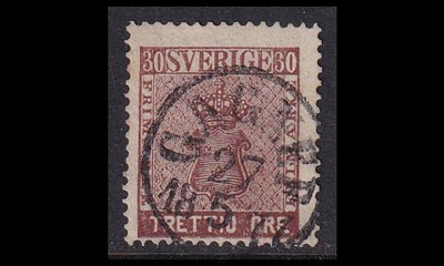 Ruotsi 11b o Vaakuna 30 öre tumm.ruskea Gagnef 27.5.1877 (1