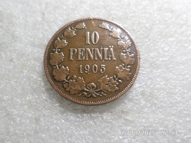 10  penniä  1905  kulkematon  hieman patinoitunut. kl 8