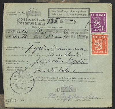 Postiosoitus - Yl.m. 1,5+1mk (LAPE 150+152) Wirrat 12.11.30