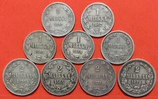 5 x 1 mk 1867, 1866, 1865... + 4 x 2 mk 1865, 1870 (KD4)