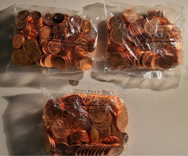 Irlanti 2004 1c, 2c ja 5c UNC pussit, 100 kpl kutakin