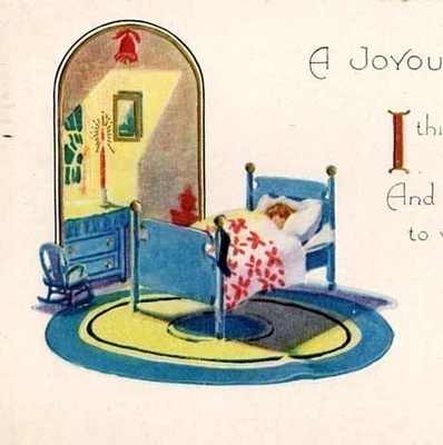 LAPSET / Lapsi sinisessä vuoteessa, joulusukka. 1920-l.