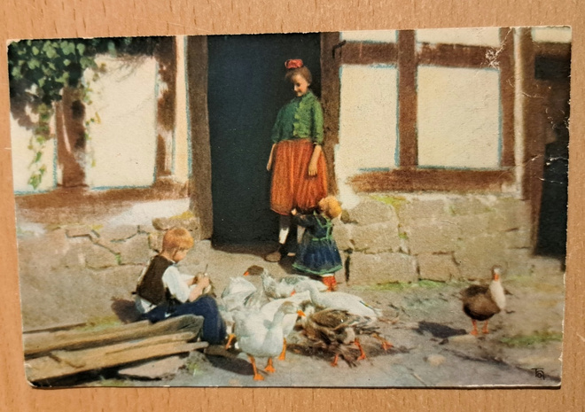 sign? lapset ja hanhia pihalla, kulkenut 1922 käsipostia