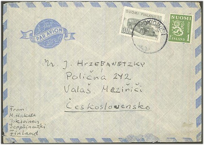 1947 30mk postiauto ym lentokirje CSR:ään