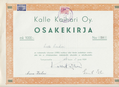 OKK 1939 Kalle Kaihari Oy, Tampere osakekirja